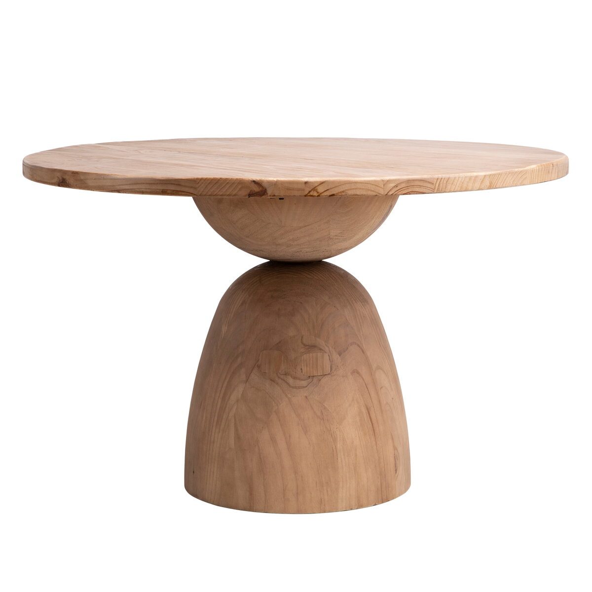 NOMA solid teak round dining table handcrafted in Jepara featuring a sculptural pedestal base and modern organic design.