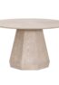CIRRA solid teak round dining table handcrafted in Jepara with a geometric pedestal base.