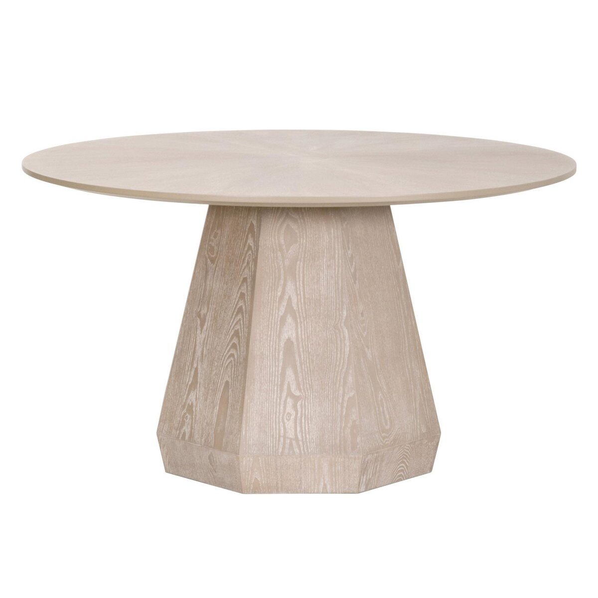CIRRA solid teak round dining table handcrafted in Jepara with a geometric pedestal base.