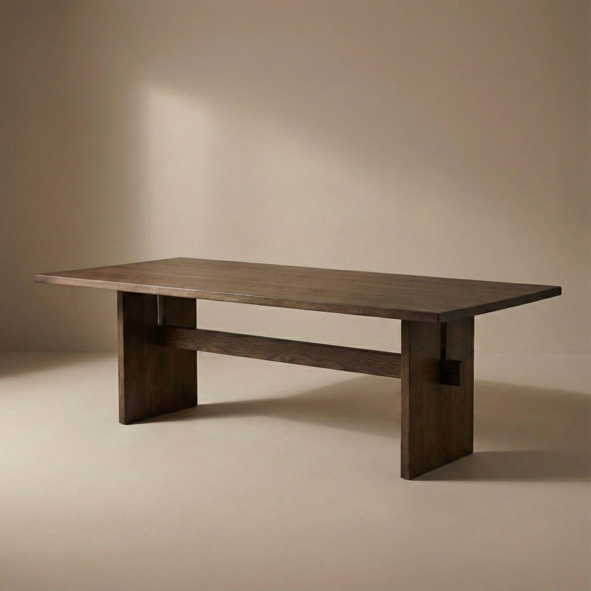 ORVIA solid teak wood dining table handcrafted in Jepara with sculptural panel legs and architectural design.