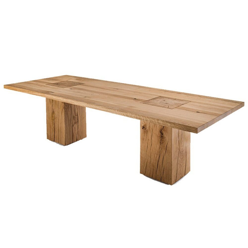 ARDEN solid teak dining table handcrafted in Jepara featuring a thick solid wood tabletop and sculptural through-leg construction.