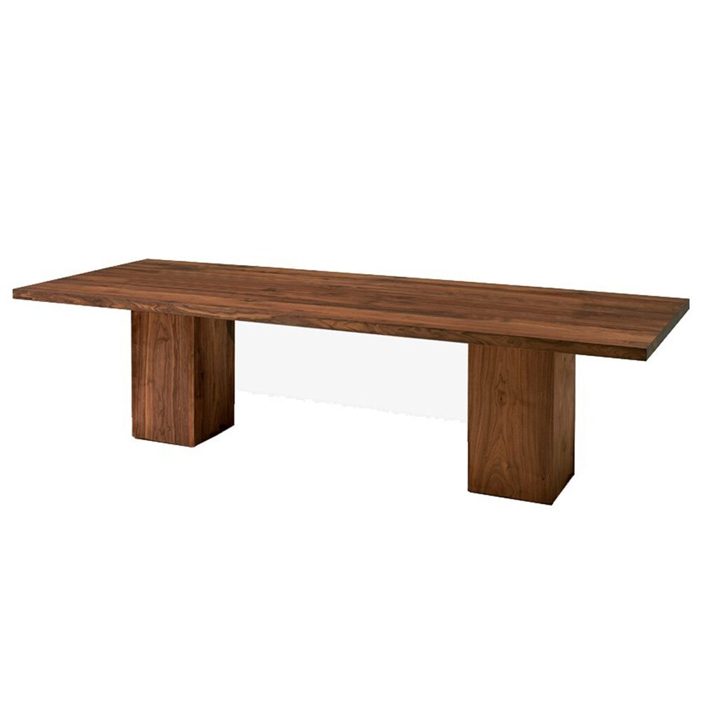 SYCAMORE solid teak dining table handcrafted in Jepara featuring a thick solid wood tabletop and minimalist architectural design.