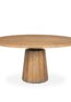 TORA solid teak round dining table handcrafted in Jepara with a sculptural pedestal base.