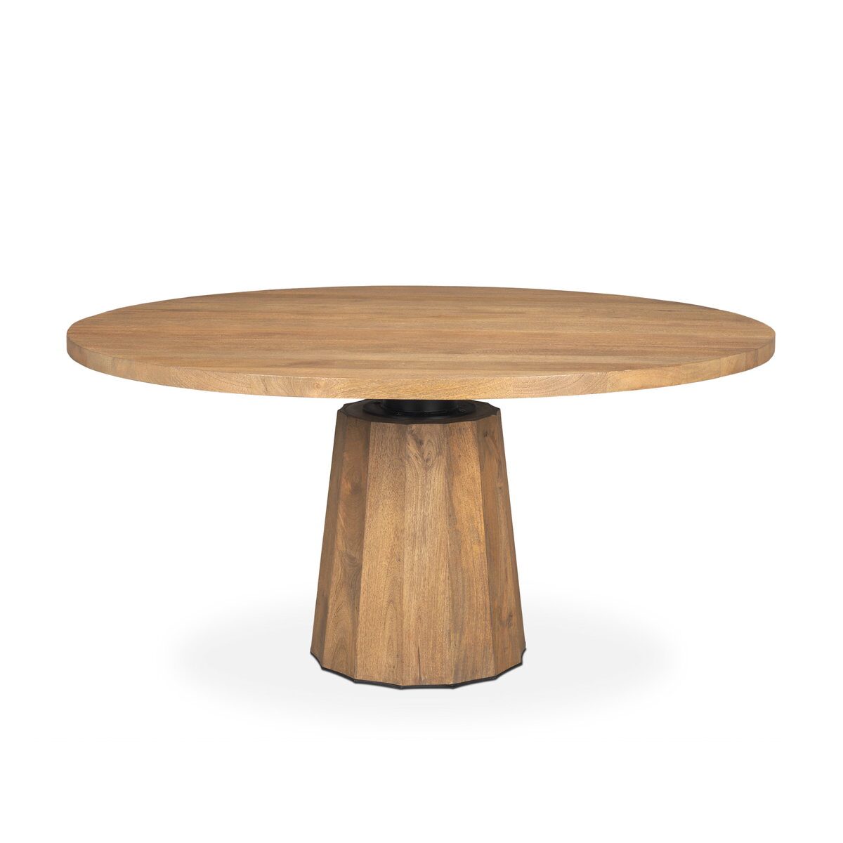 TORA solid teak round dining table handcrafted in Jepara with a sculptural pedestal base.