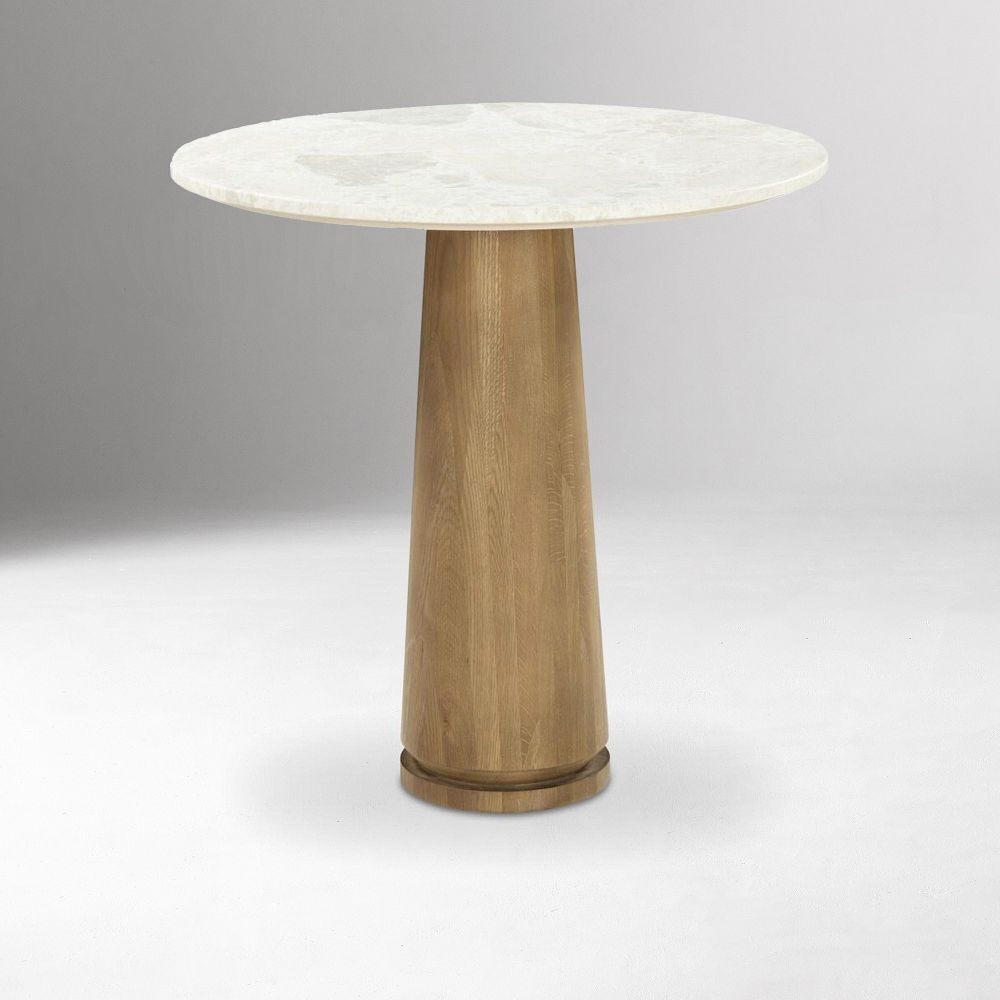MIREVA marble top cafe table handcrafted in Jepara with a natural stone surface and solid teak wood base.